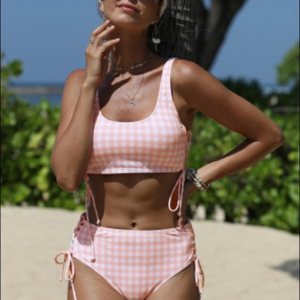 Retro Pink Plaid Lace Up Bikini - Picture 4 of 6
